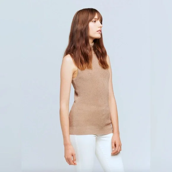 REVOLVE L’Agence XS Sabrina Sleeveless Turtleneck Top Knit Blouse Gold Biscotti - Picture 3 of 11